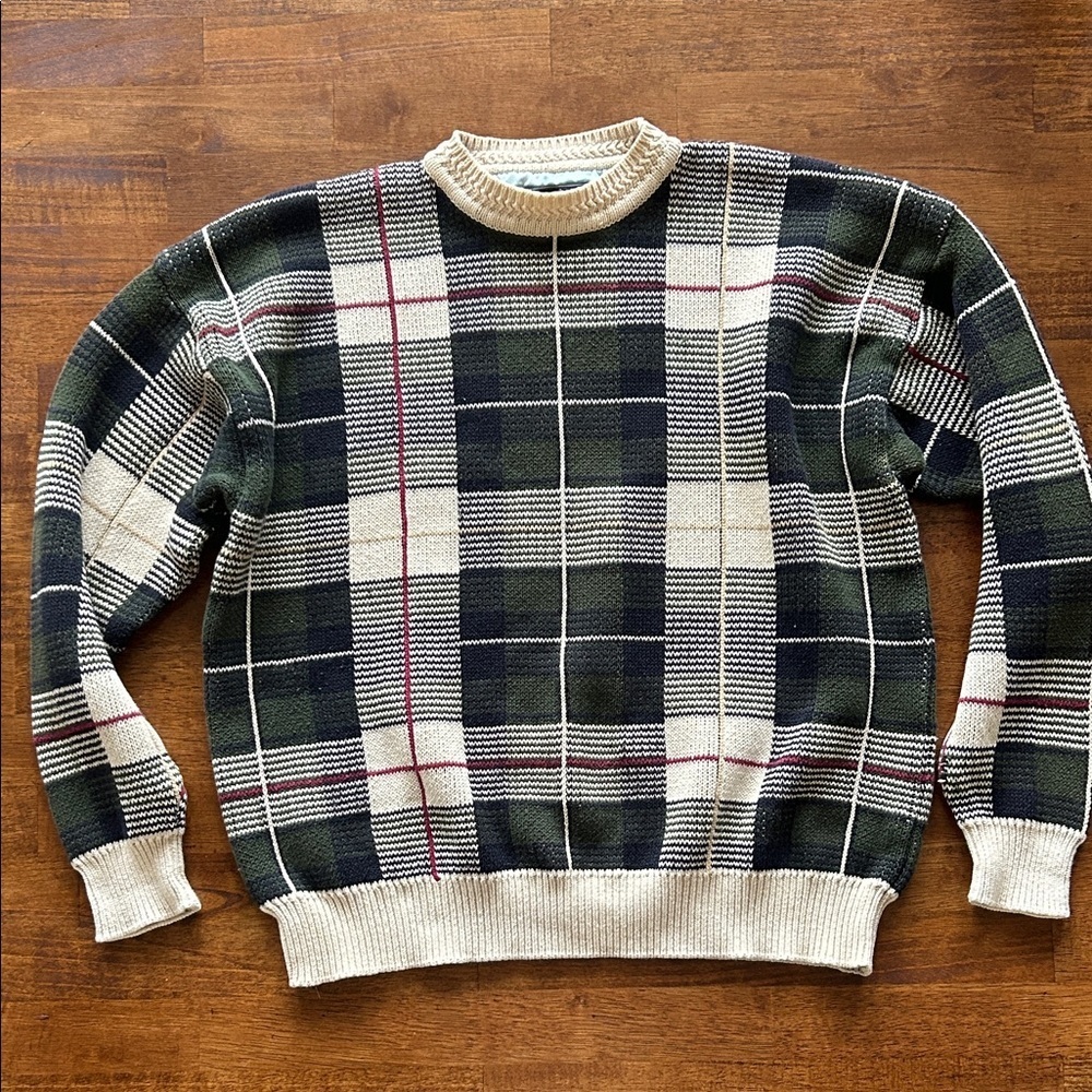 Wool & Gray men’s vintage crewneck cotton plaid knit sweater size large​​